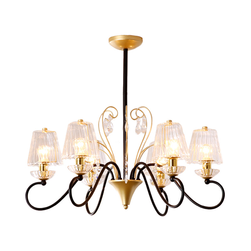 6/8-Light Pendant Chandelier Contemporary Cone Shade Ribbed Crystal Suspension Lamp with Swirl Arm in Black-Gold/Gold Clearhalo 'Ceiling Lights' 'Chandeliers' 'Modern Chandeliers' 'Modern' Lighting' 759767