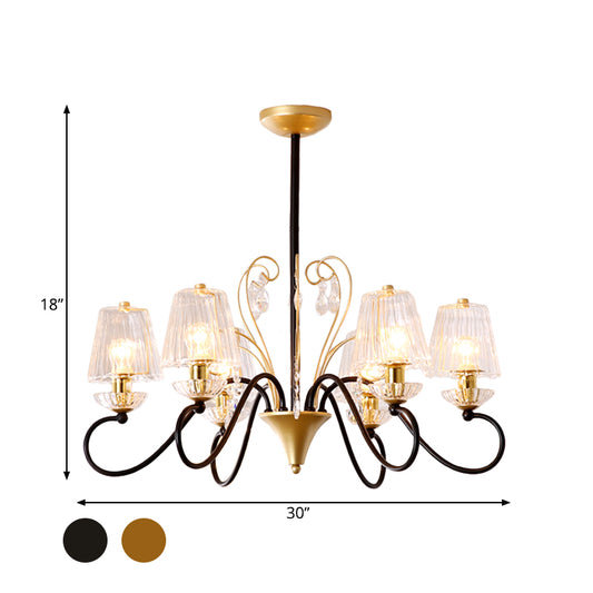 6/8-Light Pendant Chandelier Contemporary Cone Shade Ribbed Crystal Suspension Lamp with Swirl Arm in Black-Gold/Gold Clearhalo 'Ceiling Lights' 'Chandeliers' 'Modern Chandeliers' 'Modern' Lighting' 759769