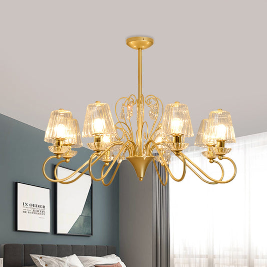 6/8-Light Pendant Chandelier Contemporary Cone Shade Ribbed Crystal Suspension Lamp with Swirl Arm in Black-Gold/Gold Clearhalo 'Ceiling Lights' 'Chandeliers' 'Modern Chandeliers' 'Modern' Lighting' 759780