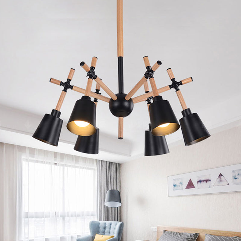 Wood Swing Arm Chandelier Light Nordic 6 Bulbs Black/White Ceiling Pendant with Conic Lamp Shade Black Clearhalo 'Carpenter Chandeliers' 'Ceiling Lights' 'Chandeliers' 'Industrial' 'Modern Chandeliers' 'Modern' Lighting' 759791