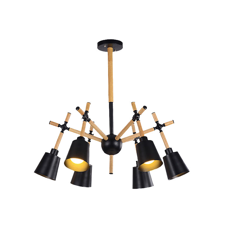 Wood Swing Arm Chandelier Light Nordic 6 Bulbs Black/White Ceiling Pendant with Conic Lamp Shade Clearhalo 'Carpenter Chandeliers' 'Ceiling Lights' 'Chandeliers' 'Industrial' 'Modern Chandeliers' 'Modern' Lighting' 759792