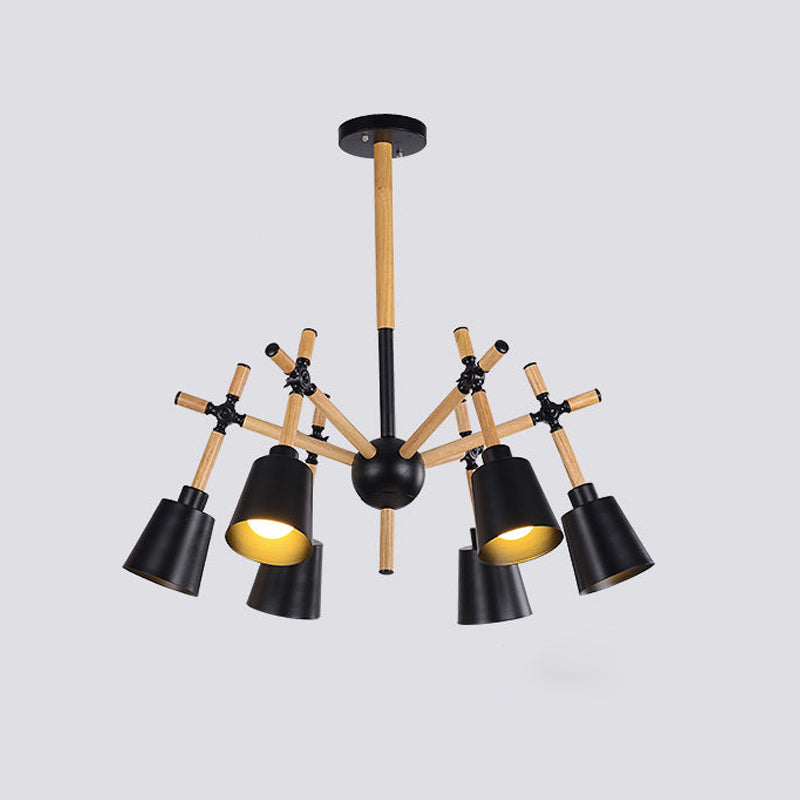 Wood Swing Arm Chandelier Light Nordic 6 Bulbs Black/White Ceiling Pendant with Conic Lamp Shade Clearhalo 'Carpenter Chandeliers' 'Ceiling Lights' 'Chandeliers' 'Industrial' 'Modern Chandeliers' 'Modern' Lighting' 759793