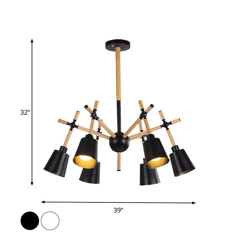 Wood Swing Arm Chandelier Light Nordic 6 Bulbs Black/White Ceiling Pendant with Conic Lamp Shade Clearhalo 'Carpenter Chandeliers' 'Ceiling Lights' 'Chandeliers' 'Industrial' 'Modern Chandeliers' 'Modern' Lighting' 759794