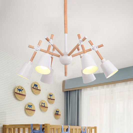 Wood Swing Arm Chandelier Light Nordic 6 Bulbs Black/White Ceiling Pendant with Conic Lamp Shade White Clearhalo 'Carpenter Chandeliers' 'Ceiling Lights' 'Chandeliers' 'Industrial' 'Modern Chandeliers' 'Modern' Lighting' 759795