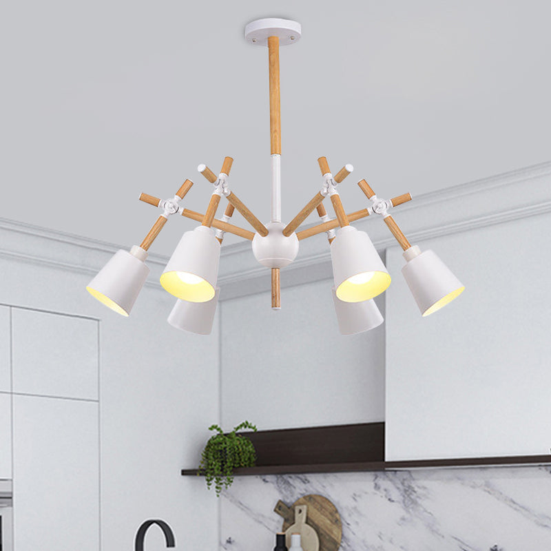 Wood Swing Arm Chandelier Light Nordic 6 Bulbs Black/White Ceiling Pendant with Conic Lamp Shade Clearhalo 'Carpenter Chandeliers' 'Ceiling Lights' 'Chandeliers' 'Industrial' 'Modern Chandeliers' 'Modern' Lighting' 759796