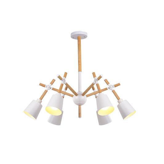 Wood Swing Arm Chandelier Light Nordic 6 Bulbs Black/White Ceiling Pendant with Conic Lamp Shade Clearhalo 'Carpenter Chandeliers' 'Ceiling Lights' 'Chandeliers' 'Industrial' 'Modern Chandeliers' 'Modern' Lighting' 759797