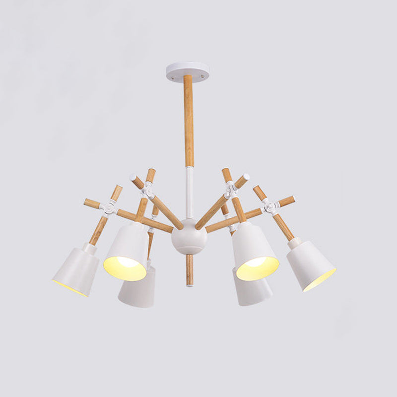 Wood Swing Arm Chandelier Light Nordic 6 Bulbs Black/White Ceiling Pendant with Conic Lamp Shade Clearhalo 'Carpenter Chandeliers' 'Ceiling Lights' 'Chandeliers' 'Industrial' 'Modern Chandeliers' 'Modern' Lighting' 759798