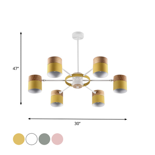 Splicing Cylinder Rotatable Chandelier Macaron Iron 6 Heads Bedroom Ceiling Hanging Light with Burst Arm in Yellow/Grey/White-Wood Clearhalo 'Ceiling Lights' 'Chandeliers' 'Modern Chandeliers' 'Modern' Lighting' 759802