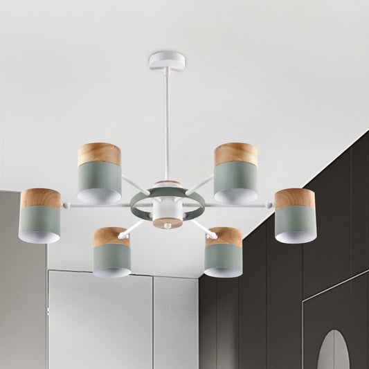Splicing Cylinder Rotatable Chandelier Macaron Iron 6 Heads Bedroom Ceiling Hanging Light with Burst Arm in Yellow/Grey/White-Wood Clearhalo 'Ceiling Lights' 'Chandeliers' 'Modern Chandeliers' 'Modern' Lighting' 759804