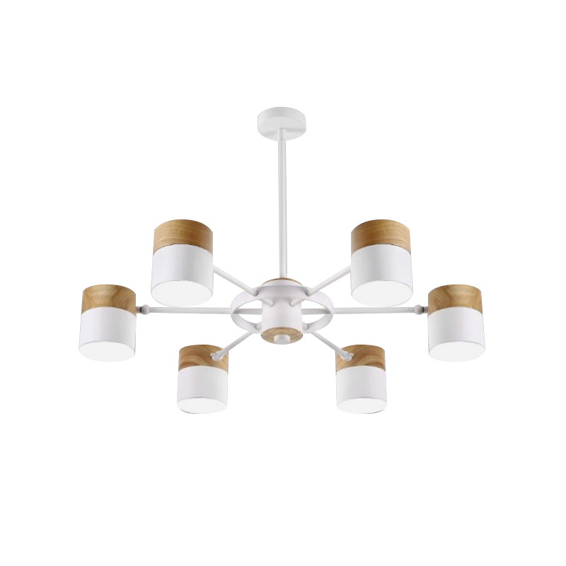 Splicing Cylinder Rotatable Chandelier Macaron Iron 6 Heads Bedroom Ceiling Hanging Light with Burst Arm in Yellow/Grey/White-Wood Clearhalo 'Ceiling Lights' 'Chandeliers' 'Modern Chandeliers' 'Modern' Lighting' 759809