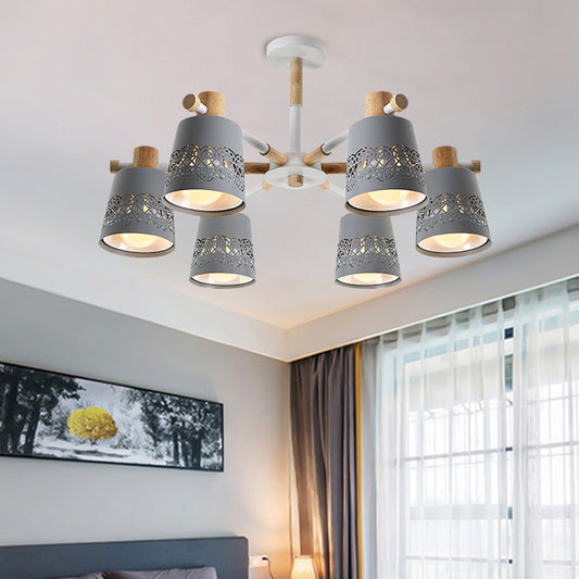 Macaron Tapered Hollowed Out Semi Flush Iron 6 Heads Living Room Flush Mount Ceiling Chandelier in Grey with Wood Accent Grey Clearhalo 'Ceiling Lights' 'Close To Ceiling Lights' 'Close to ceiling' 'Semi-flushmount' Lighting' 759827