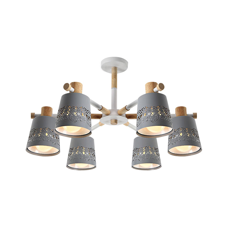 Macaron Tapered Hollowed Out Semi Flush Iron 6 Heads Living Room Flush Mount Ceiling Chandelier in Grey with Wood Accent Clearhalo 'Ceiling Lights' 'Close To Ceiling Lights' 'Close to ceiling' 'Semi-flushmount' Lighting' 759828
