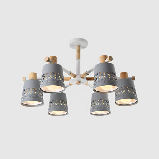 Macaron Tapered Hollowed Out Semi Flush Iron 6 Heads Living Room Flush Mount Ceiling Chandelier in Grey with Wood Accent Clearhalo 'Ceiling Lights' 'Close To Ceiling Lights' 'Close to ceiling' 'Semi-flushmount' Lighting' 759829