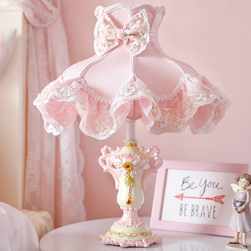 Royal Dress Girl's Bedside Night Lamp Fabric 1-Light Kids Style Table Light with Sculpted Base in Pink Pink Clearhalo 'Lamps' 'Table Lamps' Lighting' 760126