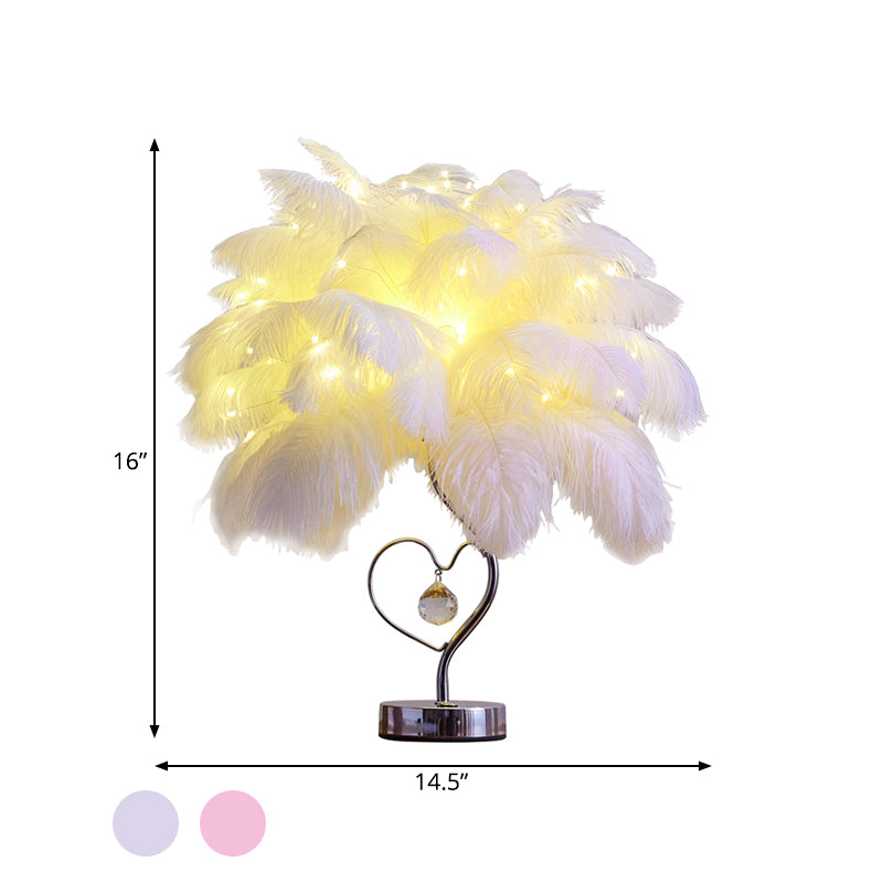 Palm Tree Feather Table Lighting Modern Romantic Pink/White LED Nightstand Lamp with K9 Crystal Drop Clearhalo 'Lamps' 'Table Lamps' Lighting' 760520