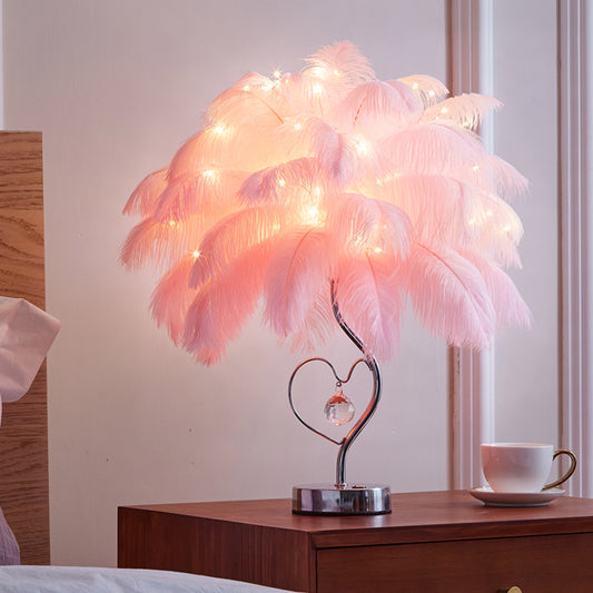 Palm Tree Feather Table Lighting Modern Romantic Pink/White LED Nightstand Lamp with K9 Crystal Drop Pink Clearhalo 'Lamps' 'Table Lamps' Lighting' 760521