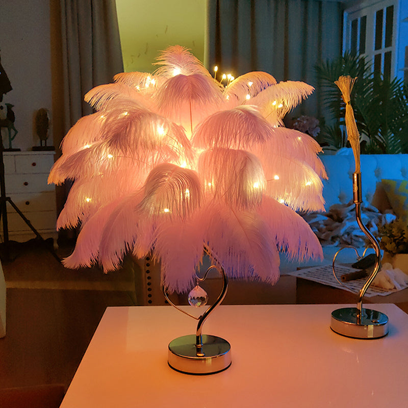 Palm Tree Feather Table Lighting Modern Romantic Pink/White LED Nightstand Lamp with K9 Crystal Drop Clearhalo 'Lamps' 'Table Lamps' Lighting' 760522