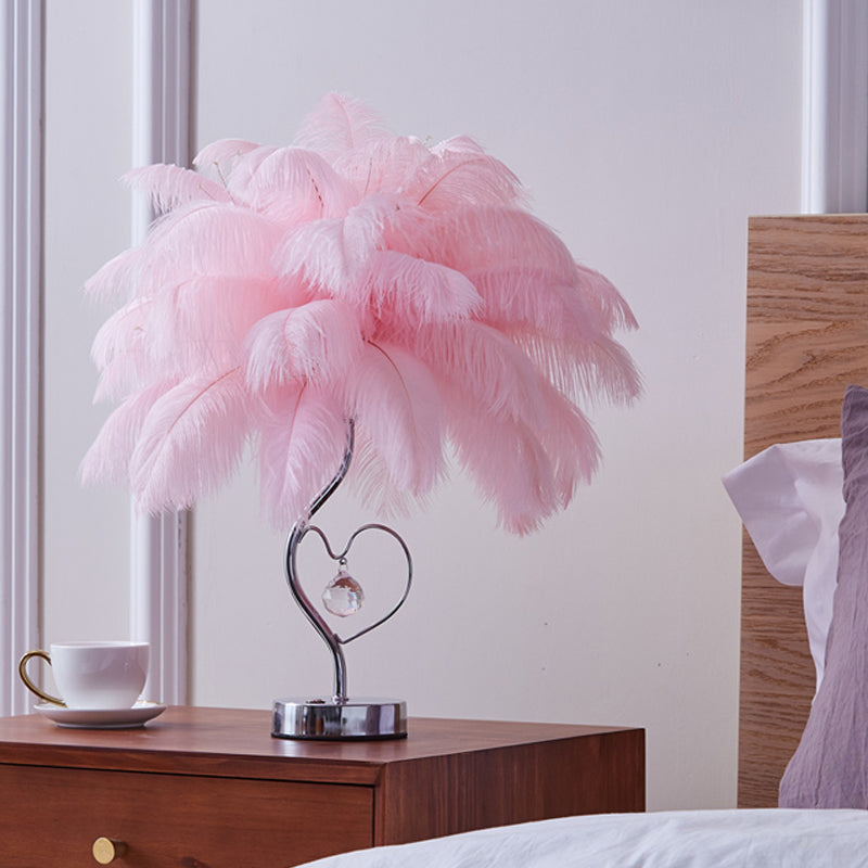 Palm Tree Feather Table Lighting Modern Romantic Pink/White LED Nightstand Lamp with K9 Crystal Drop Clearhalo 'Lamps' 'Table Lamps' Lighting' 760523