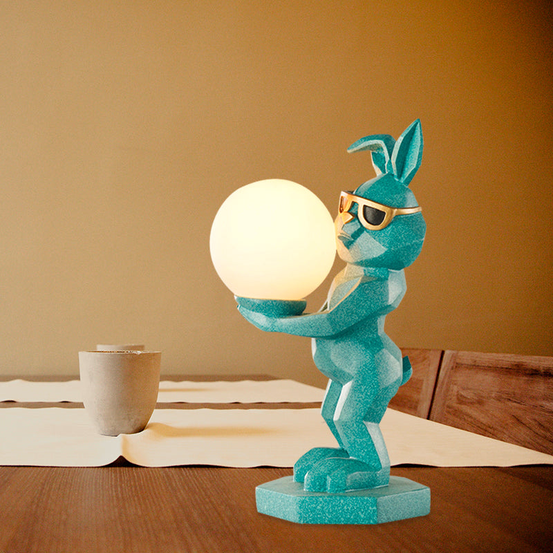 Cartoon Dog/Rabbit/Unicorn Night Light Resin LED Bedroom Table Lamp in Pink/Black/Grey with Globe Opal Glass Shade Blue Rabbit Clearhalo 'Lamps' 'Table Lamps' Lighting' 760541