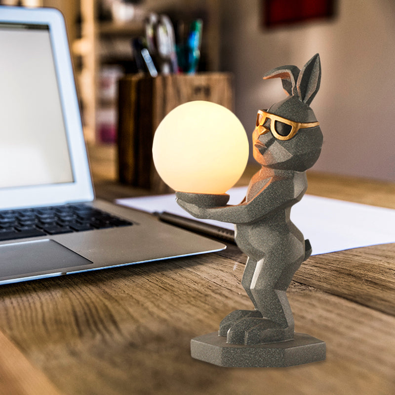 Cartoon Dog/Rabbit/Unicorn Night Light Resin LED Bedroom Table Lamp in Pink/Black/Grey with Globe Opal Glass Shade Grey Rabbit Clearhalo 'Lamps' 'Table Lamps' Lighting' 760545