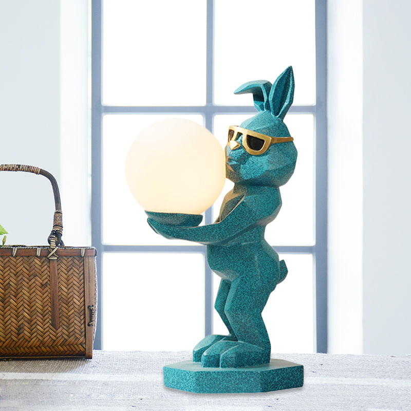 Cartoon Dog/Rabbit/Unicorn Night Light Resin LED Bedroom Table Lamp in Pink/Black/Grey with Globe Opal Glass Shade Blue-Green Rabbit Clearhalo 'Lamps' 'Table Lamps' Lighting' 760549