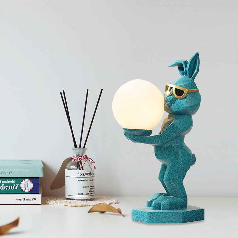 Cartoon Dog/Rabbit/Unicorn Night Light Resin LED Bedroom Table Lamp in Pink/Black/Grey with Globe Opal Glass Shade Clearhalo 'Lamps' 'Table Lamps' Lighting' 760551