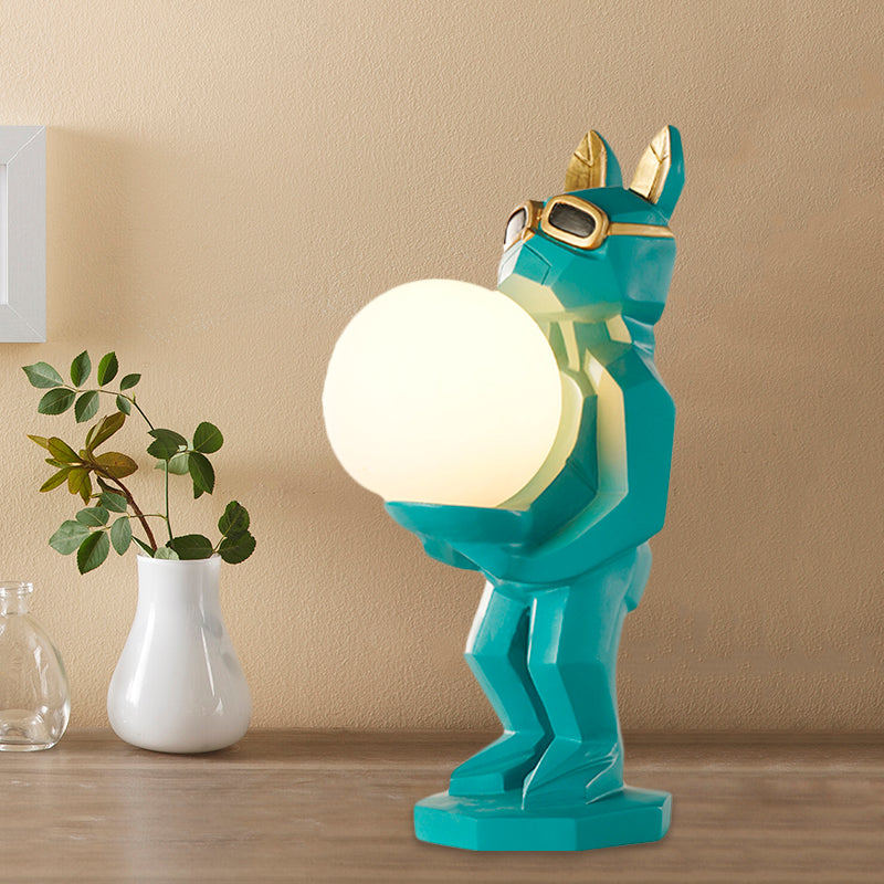 Cartoon Dog/Rabbit/Unicorn Night Light Resin LED Bedroom Table Lamp in Pink/Black/Grey with Globe Opal Glass Shade Clearhalo 'Lamps' 'Table Lamps' Lighting' 760554