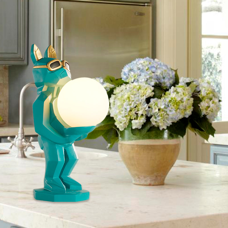 Cartoon Dog/Rabbit/Unicorn Night Light Resin LED Bedroom Table Lamp in Pink/Black/Grey with Globe Opal Glass Shade Clearhalo 'Lamps' 'Table Lamps' Lighting' 760555