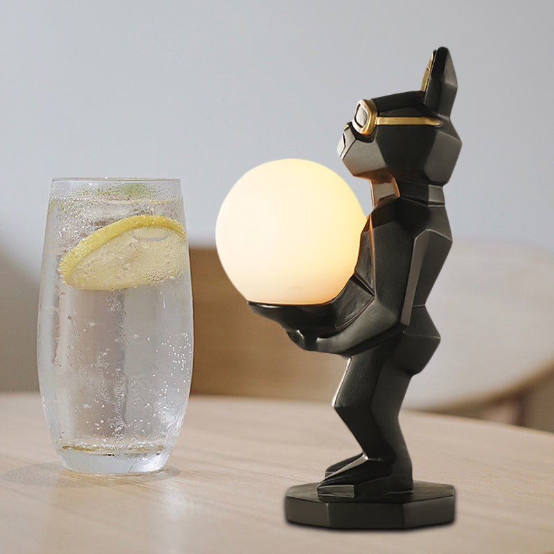 Cartoon Dog/Rabbit/Unicorn Night Light Resin LED Bedroom Table Lamp in Pink/Black/Grey with Globe Opal Glass Shade Black Dog Clearhalo 'Lamps' 'Table Lamps' Lighting' 760562