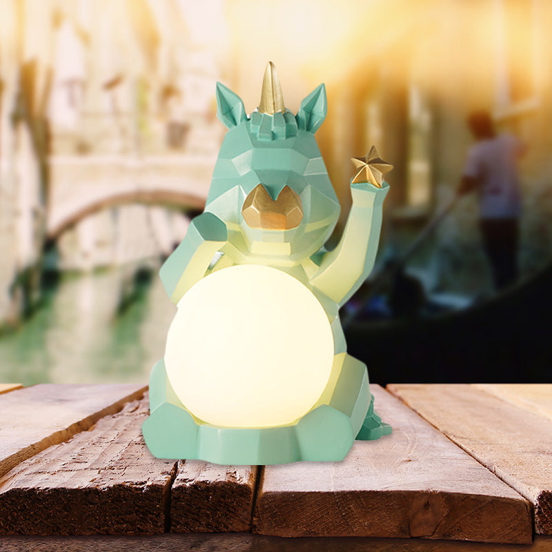 Cartoon Dog/Rabbit/Unicorn Night Light Resin LED Bedroom Table Lamp in Pink/Black/Grey with Globe Opal Glass Shade Blue-Green Unicorn Clearhalo 'Lamps' 'Table Lamps' Lighting' 760566