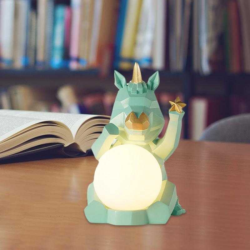 Cartoon Dog/Rabbit/Unicorn Night Light Resin LED Bedroom Table Lamp in Pink/Black/Grey with Globe Opal Glass Shade Clearhalo 'Lamps' 'Table Lamps' Lighting' 760567