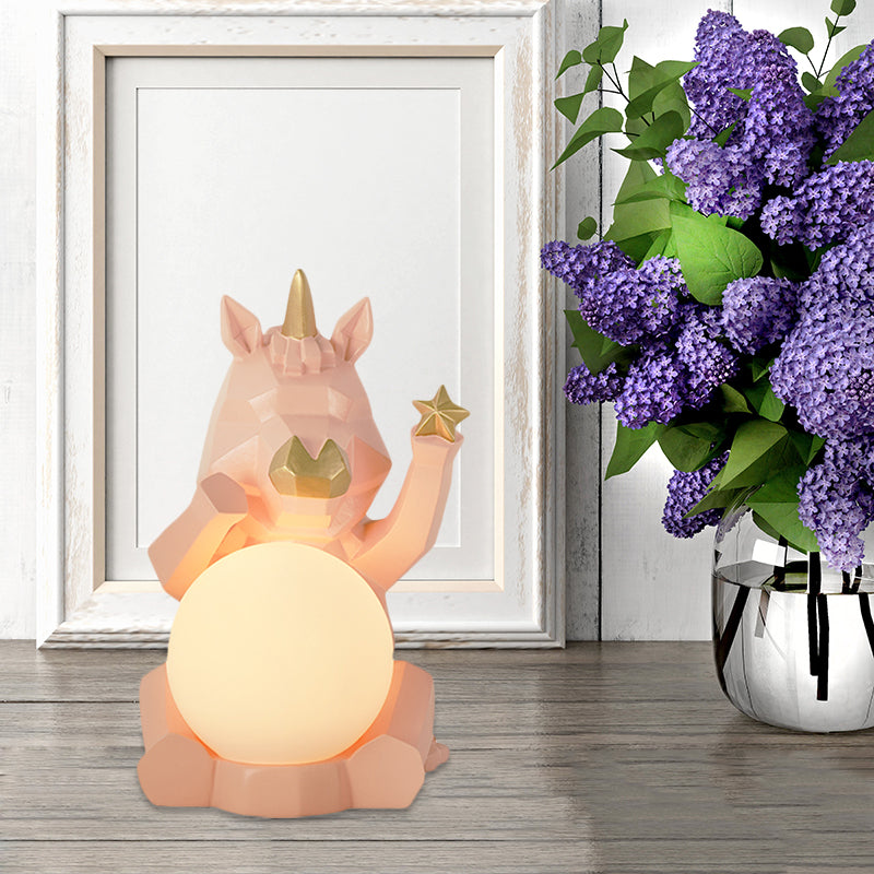 Cartoon Dog/Rabbit/Unicorn Night Light Resin LED Bedroom Table Lamp in Pink/Black/Grey with Globe Opal Glass Shade Clearhalo 'Lamps' 'Table Lamps' Lighting' 760577