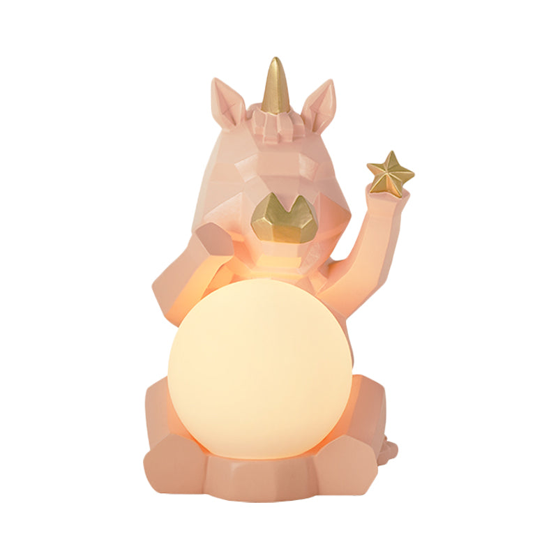 Cartoon Dog/Rabbit/Unicorn Night Light Resin LED Bedroom Table Lamp in Pink/Black/Grey with Globe Opal Glass Shade Clearhalo 'Lamps' 'Table Lamps' Lighting' 760578