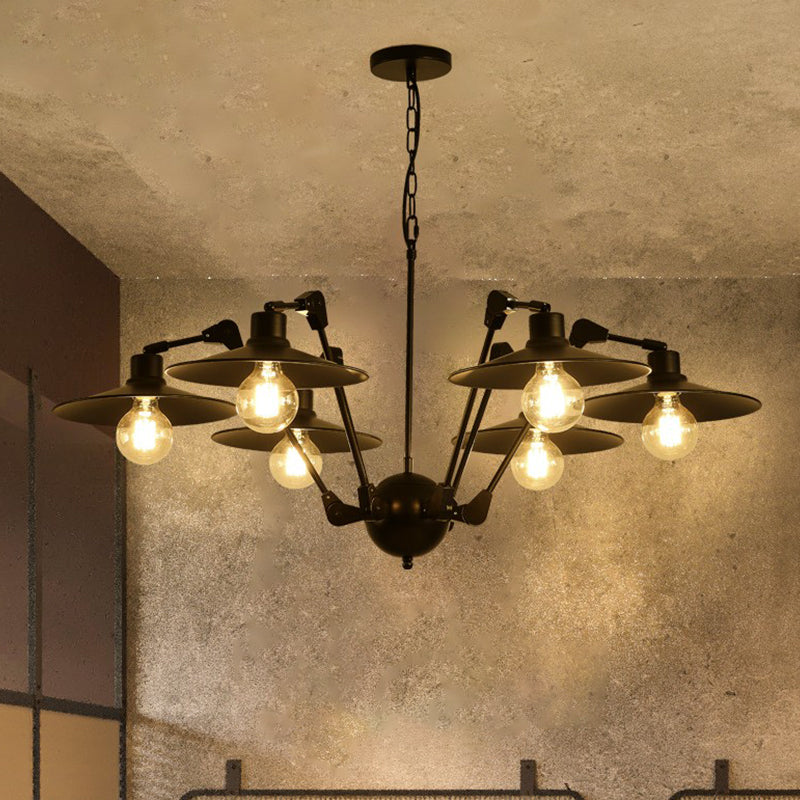 Antiqued Flat Chandelier Lighting 6/8 Bulbs Metal Rotatable Ceiling Pendant Lamp in Black 6 Black Clearhalo 'Cast Iron' 'Ceiling Lights' 'Chandeliers' 'Industrial Chandeliers' 'Industrial' 'Metal' 'Middle Century Chandeliers' 'Rustic Chandeliers' 'Tiffany' Lighting' 760596