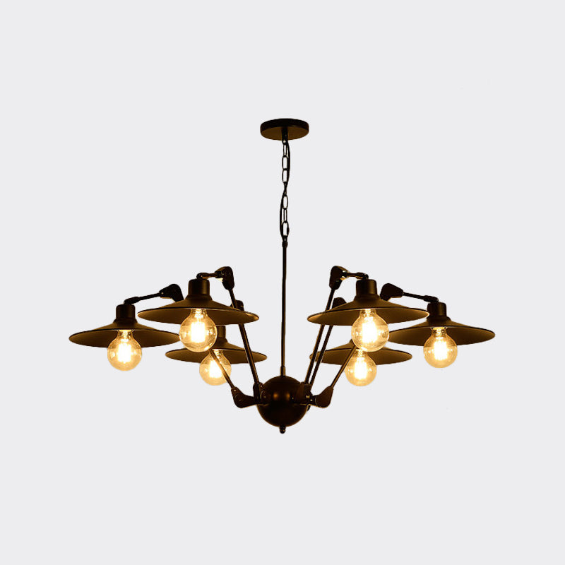Antiqued Flat Chandelier Lighting 6/8 Bulbs Metal Rotatable Ceiling Pendant Lamp in Black Clearhalo 'Cast Iron' 'Ceiling Lights' 'Chandeliers' 'Industrial Chandeliers' 'Industrial' 'Metal' 'Middle Century Chandeliers' 'Rustic Chandeliers' 'Tiffany' Lighting' 760598