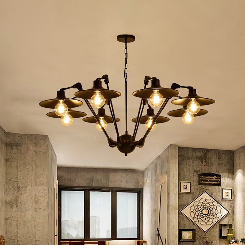 Antiqued Flat Chandelier Lighting 6/8 Bulbs Metal Rotatable Ceiling Pendant Lamp in Black Clearhalo 'Cast Iron' 'Ceiling Lights' 'Chandeliers' 'Industrial Chandeliers' 'Industrial' 'Metal' 'Middle Century Chandeliers' 'Rustic Chandeliers' 'Tiffany' Lighting' 760601