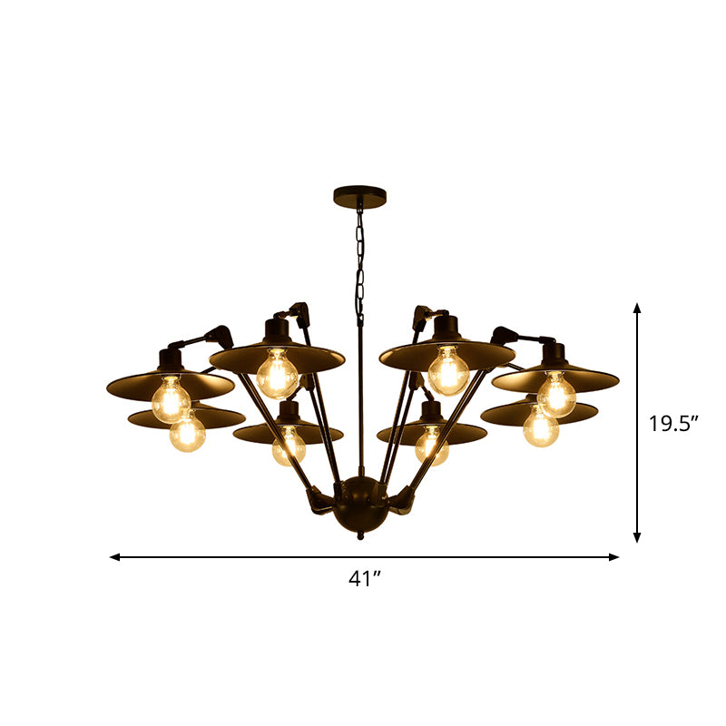Antiqued Flat Chandelier Lighting 6/8 Bulbs Metal Rotatable Ceiling Pendant Lamp in Black Clearhalo 'Cast Iron' 'Ceiling Lights' 'Chandeliers' 'Industrial Chandeliers' 'Industrial' 'Metal' 'Middle Century Chandeliers' 'Rustic Chandeliers' 'Tiffany' Lighting' 760604