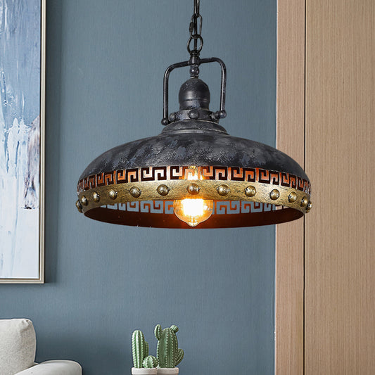 Antiqued Bowl Down Lighting 1-Light Metal Hanging Lamp Kit in Black with Rotatable Handle Black Clearhalo 'Art Deco Pendants' 'Black' 'Cast Iron' 'Ceiling Lights' 'Ceramic' 'Crystal' 'Industrial Pendants' 'Industrial' 'Metal' 'Middle Century Pendants' 'Pendant Lights' 'Pendants' 'Rustic Pendants' 'Tiffany' Lighting' 760609