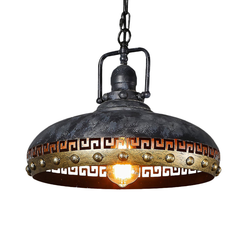 Antiqued Bowl Down Lighting 1-Light Metal Hanging Lamp Kit in Black with Rotatable Handle Clearhalo 'Art Deco Pendants' 'Black' 'Cast Iron' 'Ceiling Lights' 'Ceramic' 'Crystal' 'Industrial Pendants' 'Industrial' 'Metal' 'Middle Century Pendants' 'Pendant Lights' 'Pendants' 'Rustic Pendants' 'Tiffany' Lighting' 760610