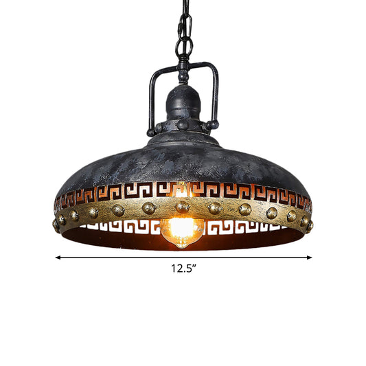 Antiqued Bowl Down Lighting 1-Light Metal Hanging Lamp Kit in Black with Rotatable Handle Clearhalo 'Art Deco Pendants' 'Black' 'Cast Iron' 'Ceiling Lights' 'Ceramic' 'Crystal' 'Industrial Pendants' 'Industrial' 'Metal' 'Middle Century Pendants' 'Pendant Lights' 'Pendants' 'Rustic Pendants' 'Tiffany' Lighting' 760612