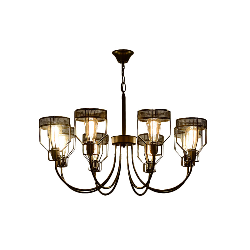 Iron Black Pendant Chandelier Caged 6/8/12 Heads Farmhouse Suspension Lamp with Curved Arm Clearhalo 'Cast Iron' 'Ceiling Lights' 'Chandeliers' 'Industrial Chandeliers' 'Industrial' 'Metal' 'Middle Century Chandeliers' 'Rustic Chandeliers' 'Tiffany' Lighting' 760741