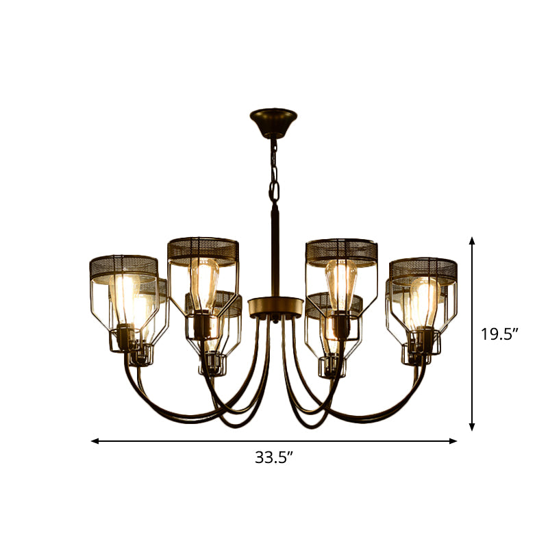 Iron Black Pendant Chandelier Caged 6/8/12 Heads Farmhouse Suspension Lamp with Curved Arm Clearhalo 'Cast Iron' 'Ceiling Lights' 'Chandeliers' 'Industrial Chandeliers' 'Industrial' 'Metal' 'Middle Century Chandeliers' 'Rustic Chandeliers' 'Tiffany' Lighting' 760743