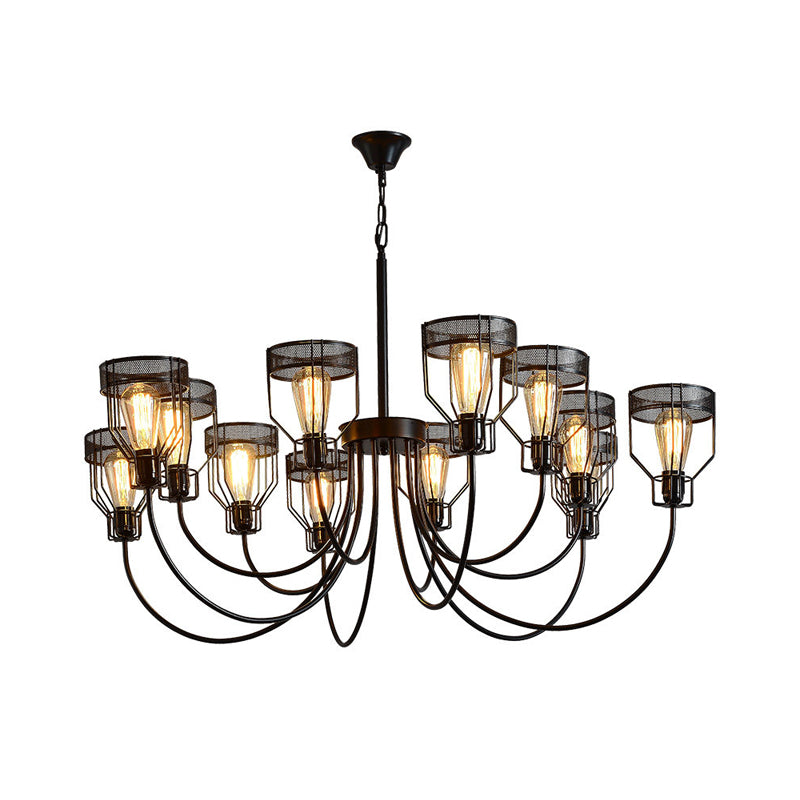 Iron Black Pendant Chandelier Caged 6/8/12 Heads Farmhouse Suspension Lamp with Curved Arm Clearhalo 'Cast Iron' 'Ceiling Lights' 'Chandeliers' 'Industrial Chandeliers' 'Industrial' 'Metal' 'Middle Century Chandeliers' 'Rustic Chandeliers' 'Tiffany' Lighting' 760746