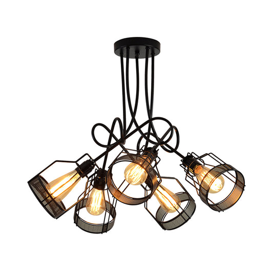 5 Lights Wire Cage Hanging Chandelier Vintage Black Metallic Ceiling Light with Swirl Rod Clearhalo 'Cast Iron' 'Ceiling Lights' 'Chandeliers' 'Industrial Chandeliers' 'Industrial' 'Metal' 'Middle Century Chandeliers' 'Rustic Chandeliers' 'Tiffany' Lighting' 760750