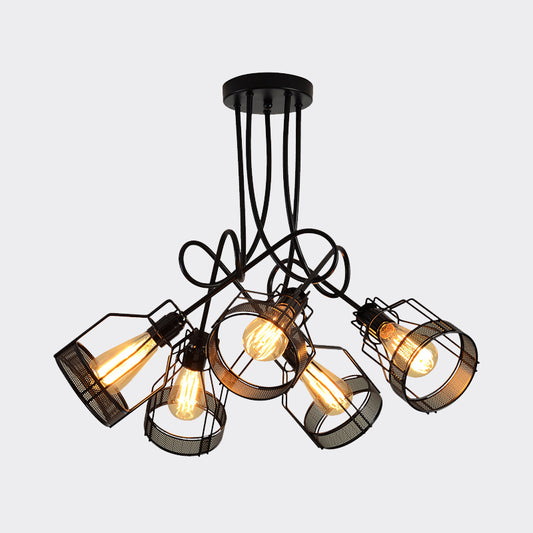 5 Lights Wire Cage Hanging Chandelier Vintage Black Metallic Ceiling Light with Swirl Rod Clearhalo 'Cast Iron' 'Ceiling Lights' 'Chandeliers' 'Industrial Chandeliers' 'Industrial' 'Metal' 'Middle Century Chandeliers' 'Rustic Chandeliers' 'Tiffany' Lighting' 760751