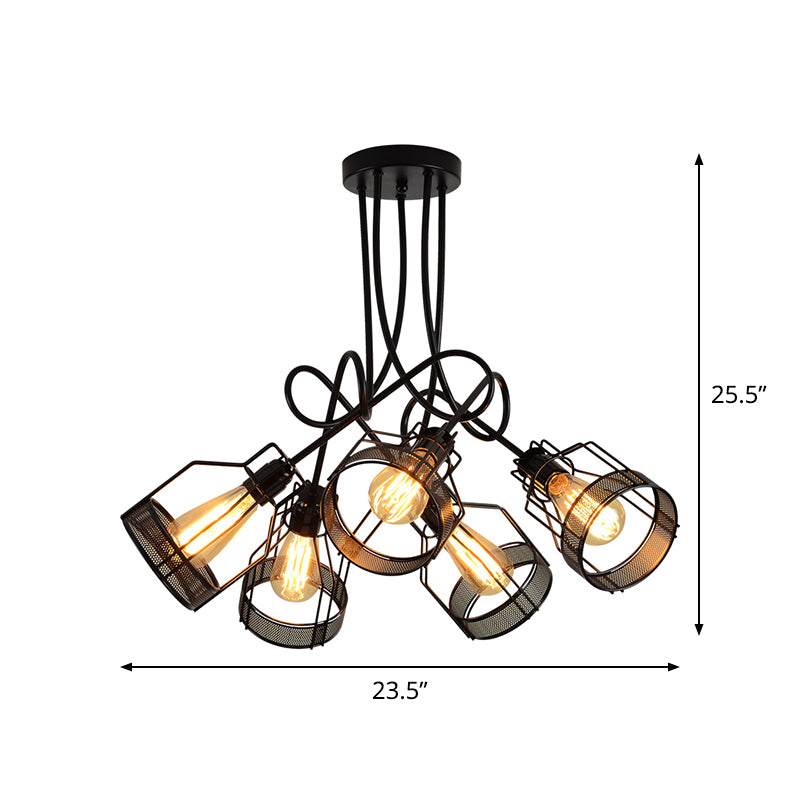 5 Lights Wire Cage Hanging Chandelier Vintage Black Metallic Ceiling Light with Swirl Rod Clearhalo 'Cast Iron' 'Ceiling Lights' 'Chandeliers' 'Industrial Chandeliers' 'Industrial' 'Metal' 'Middle Century Chandeliers' 'Rustic Chandeliers' 'Tiffany' Lighting' 760752
