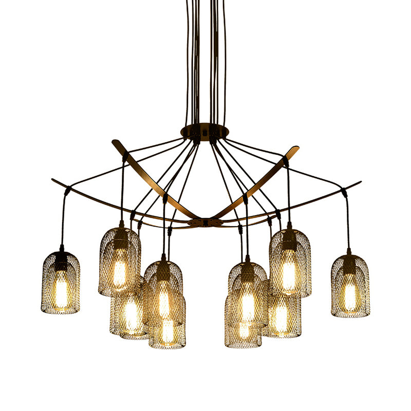 Bell Mesh Restaurant Chandelier Lighting Rustic Iron 6/12 Bulbs Black Hanging Ceiling Lamp Clearhalo 'Cast Iron' 'Ceiling Lights' 'Chandeliers' 'Industrial Chandeliers' 'Industrial' 'Metal' 'Middle Century Chandeliers' 'Rustic Chandeliers' 'Tiffany' Lighting' 760759