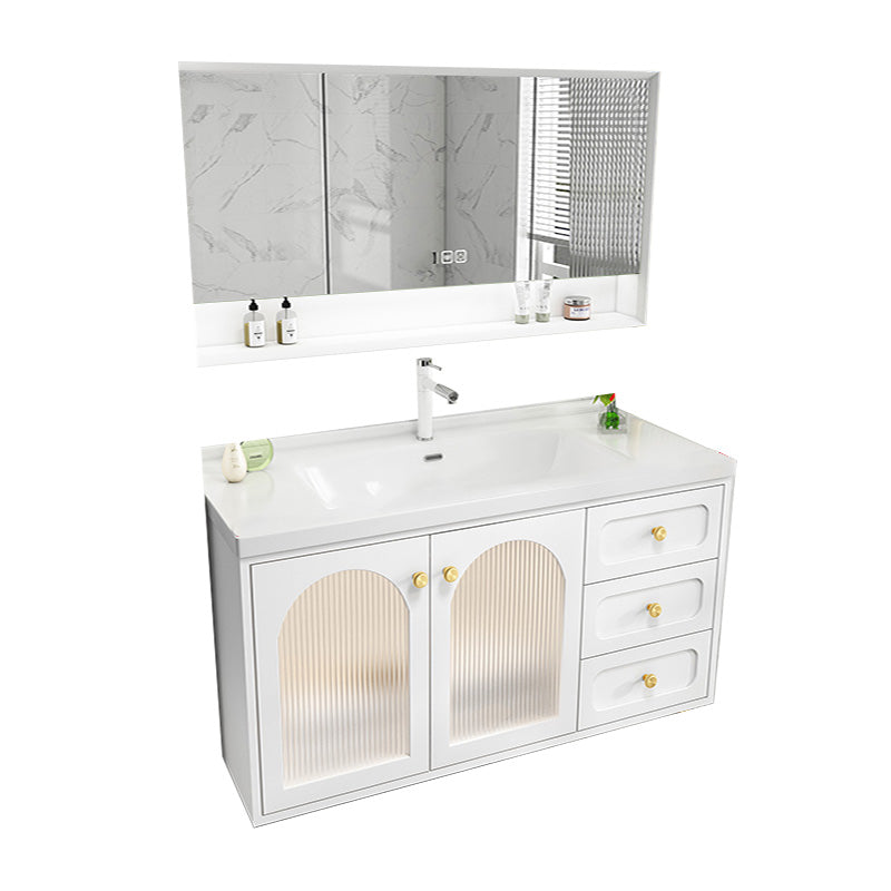 Glam Sink Vanity Single White Rectangular Ceramic Top Bathroom Vanity Vanity & Faucet & Mirror Cabinet https: res.litfad.com site img item 2023 02 15 7610725 1200x1200.jpg Clearhalo 'Bathroom Remodel & Bathroom Fixtures' 'Bathroom Vanities' 'bathroom_vanities' 'Home Improvement' 'home_improvement' 'home_improvement_bathroom_vanities' 7610725