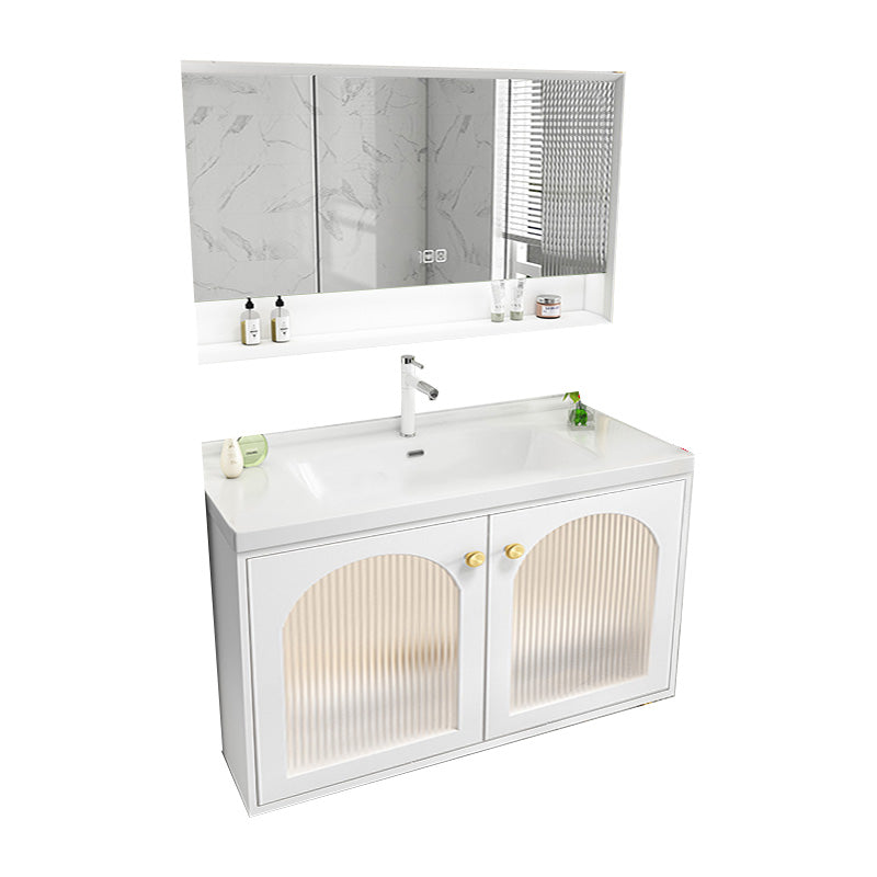 Glam Sink Vanity Single White Rectangular Ceramic Top Bathroom Vanity Vanity & Faucet & Mirror Cabinet https: res.litfad.com site img item 2023 02 17 7610726 1200x1200.jpg Clearhalo 'Bathroom Remodel & Bathroom Fixtures' 'Bathroom Vanities' 'bathroom_vanities' 'Home Improvement' 'home_improvement' 'home_improvement_bathroom_vanities' 7610726
