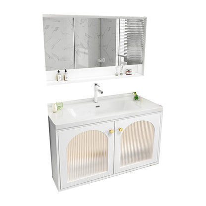 Glam Sink Vanity Single White Rectangular Ceramic Top Bathroom Vanity Vanity & Faucet & Mirror Cabinet https: res.litfad.com site img item 2023 02 17 7610726 1200x1200.jpg Clearhalo 'Bathroom Remodel & Bathroom Fixtures' 'Bathroom Vanities' 'bathroom_vanities' 'Home Improvement' 'home_improvement' 'home_improvement_bathroom_vanities' 7610726